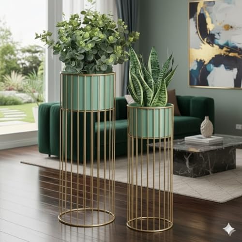 Image of Inspired Creations Premium Metal Planter Stand for Indoor Plants - Set of 2, Modern Decorative Gold Flower Pot Stands for Living Room, Home Decor, Balcony & Garden (Sturdy & Rust-Proof)
