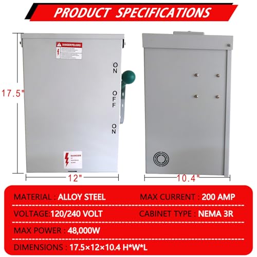 200A Manual Transfer Switch 120/240-Volt Transfer Switch 48000W, Generator Transfer Switch Meeting NEMA 3R Standards for Outdoor and Indoor - Image 3
