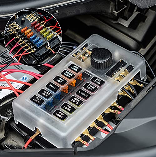 Extractme Upgraded 12 Way Fuse Block Box With Thumbscrew And Led Indicator, 12 Circuit Blade Fuse Box Holder W/Negative Bus Damp-Proof Cover Label Sticker For 12V/24V Auto Car Rv Marine Boat And Yacht #TOP1