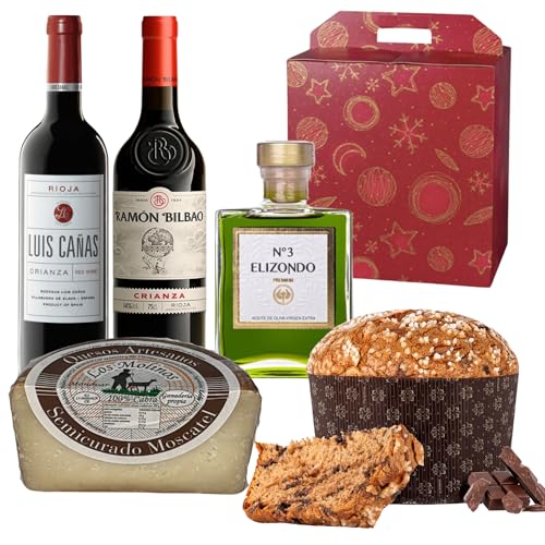 ENOVINOS Cesta Gourmet Regalo Navidad Empresas, Familia y Amigos - Caja con Vino Ramon Bilbao, Luis Cañas, Aceite Elizondo 200ml, Queso Molinos y Panettone Antonella Chocolate