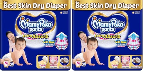 Image of MamyPoko Pants Extra Absorb Baby Diapers, Medium (M), 74 Count, 7-12kg (Pack of 2)