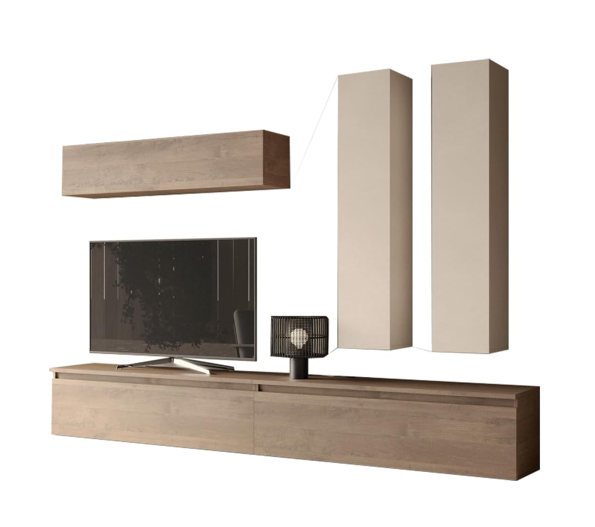 ARREDO DA CASA Parete Attrezzata Moderno per Soggiorno 276x205 cm con 2 Pensili Verticali e 1 Orizzontale Mobile Porta TV con Cassetti Beige e Noce PAL54