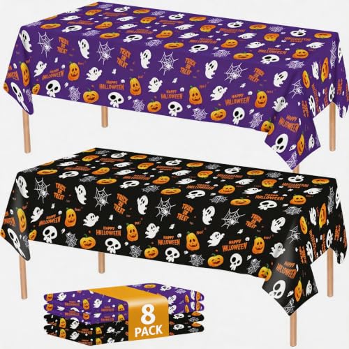Image of ATFUNSHOP 8 Packs Halloween Tablecloth Disposable Table Cover 54X108 Halloween Decorations Kids Birthday Party Decor for Kids, Spooky Waterproof Spillproof Table Cloth - Perfect for Dinner