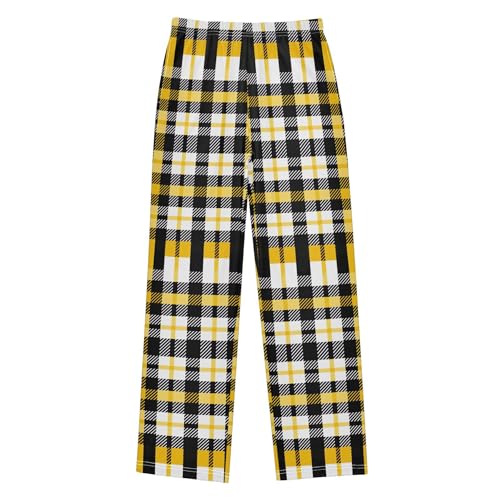 Yellow Black Buffalo Plaid Long Pajama Pants Elastic Waist PJ Bottoms with Pockets S A1119192