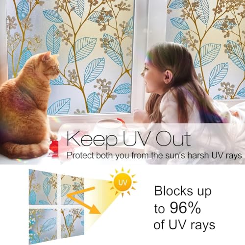 Image of CHIPAK Premium Vinyl Privacy Stained Window Glass Film (12x25 Inch) - Self-Adhesive Decorative Sticker Opaque Sheet Tint Wallpaper for Glass Cover Window, Door, Office, Home.| Anti-UV. Blue Leaves