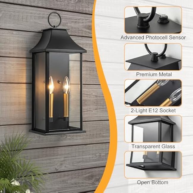 Outdoor Wall Lights, Large Dusk to Dawn Waterproof Outside Wall Lantern Sconce, Modern Fixture with Glass, Exterior Lamp for House, Porch, Garage, 2-Light (20.6 Inch, Black)