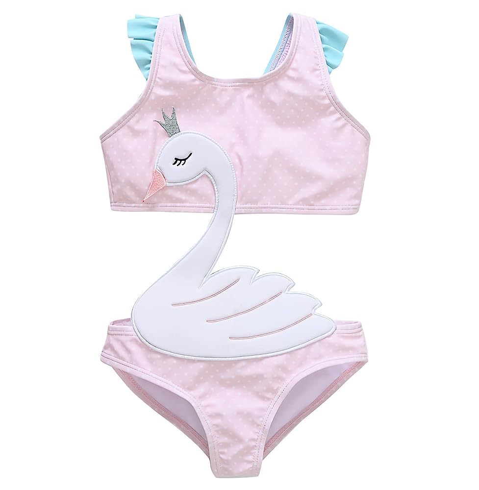 Photo 1 of Coralup Girls Sleeveless Printed One Piece Swimsuit Set Kids Cute Swimsuit Beach Bikini 18 M - 8 Years White Swan 18-24 Months