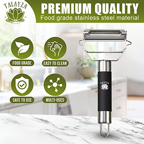 Talayza Treasures Dual Julienne Peeler - Handheld Stainless Steel Vegetable Peeling, Fruits, Carrots, Potatoes - Food Prep & Kitchen Slicer Tool With Non Slip Handle - Includes Basting Brush #TOP2