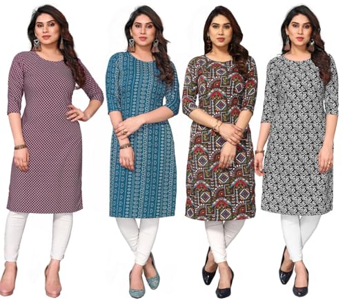 Image of JAKHANA Women's Crepe Printed Casual Straight Calf Length Round Nick Kurta Pack of 4