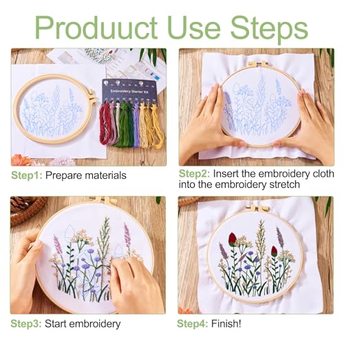 Image of Magibeads 3 Set Flower Leaf Water Soluble Embroidery Starter Kit - Cross Stitch Patterns - Crochet Kit with Embroidery Thread Fabric - Instruction - Knitting Kit for Adults - Sewing Gifts