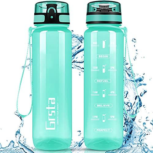 Grsta Sports Water Bottle, 350ml/500ml/800ml/1L/1.5 L Drink Bottles with Time Marker & Filter One Click Flip Lid BPA Free Tritan Plastic Eco-Friendly Sports Water Cup for Kids, Gym, Hiking, Bicycle