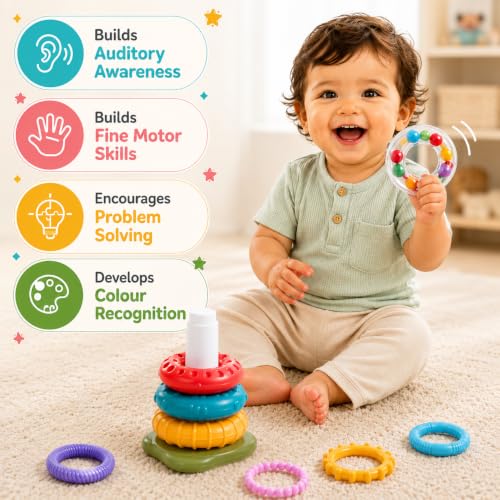 Image of Intellibaby Multi-Sensory Ring Stacker for Babies 6+ Months, 8 Colourful Textured Rings, Easy Grip Stacking Toy, Sensory Play, Fine Motor Skills, Colour Recognition, BIS Certified, Ideal Gift