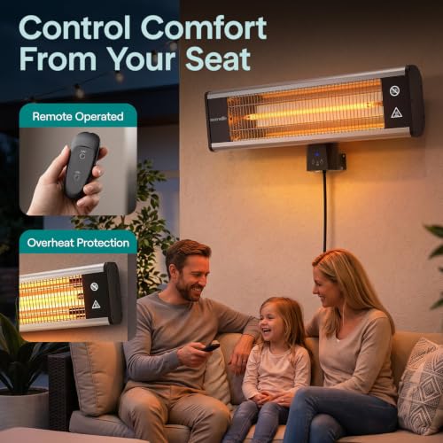Image of SereneLife Infrared Patio Heater, Wall-Mounted Electric Heater with Remote Control, 1500W, IP65 Approved, Odorless, Indoor /Outdoor for Patio, Restaurant, Backyard, Garage, Decks