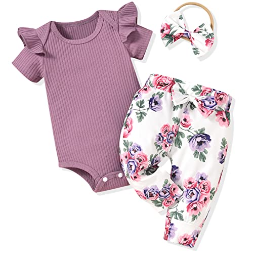 Image of Aalizzwell Baby Girls Ribbed Bodysuit Pants Outfits Spring Summer Clothes