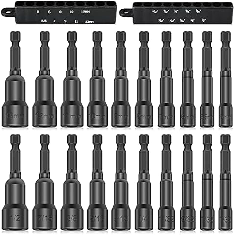 K Kwokker 20 PCS Magnetic Nut Driver Socket Set, 65mm Long 1/4 Inch Hex Shank Socket Set, Black Nut Setter Driver Drill Bit for Any Hand Drill, Electric Screwdriver and Socket Wrench Screw Cover