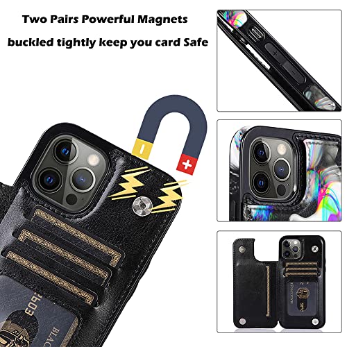 Image of uCOLOR Compatible with iPhone 13 Pro Max 6.7 inch Wallet Case with Card Holder Slot Folio Flip PU Leather Kickstand Double Magnetic Clasp and RFID Blocking D (Black Rainbow Marble, iPhone 13 Pro Max 6.7 inch)