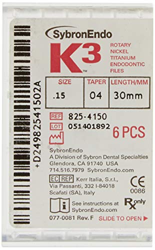 SybronEndo 825-4150 K3 NiTi Endo File, 0.04 mm Taper, Green Taper, 15 Tip Size, White Tip Color, Nickel-Titanium, 30 mm Length (Pack of 6)