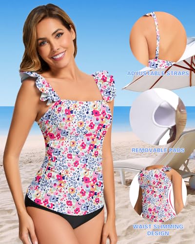 WOWENY Tankini Tops for Women No Bottom Bathing Suits Tummy Control Square Neck Ruffle Modest Swimsuit Top Only2