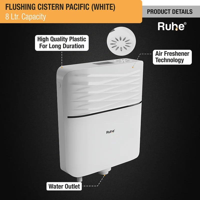 Ruheยฎ Pacific Flushing Cistern Flush Tank for Toilet | 8 Liter Water Capacity | PVC Slim Cistern Top Push Botton Flush Tank, White 2