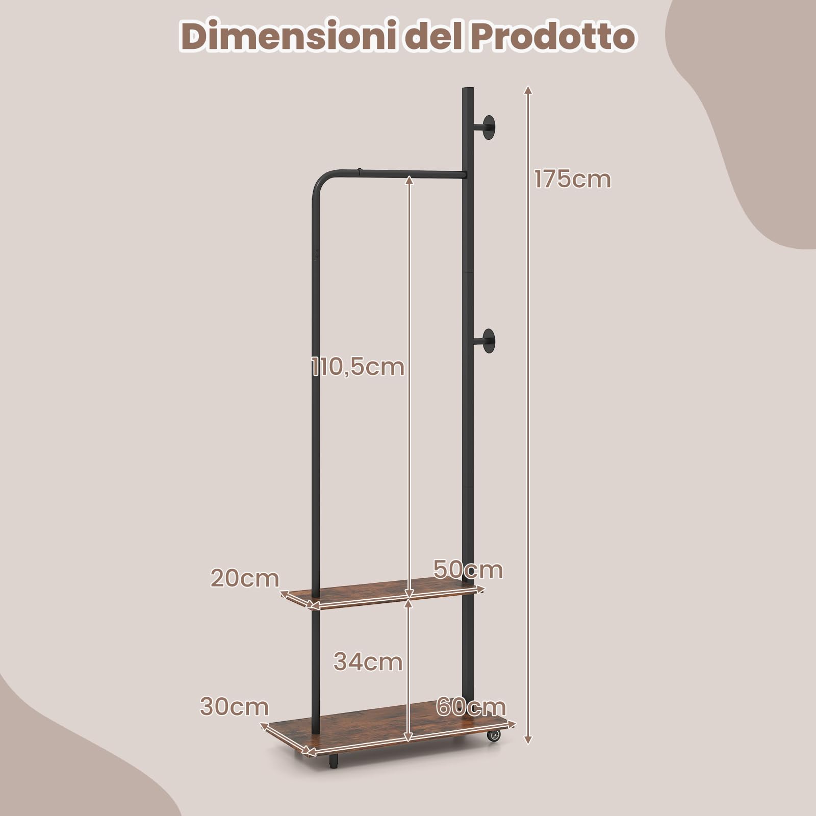 COSTWAY Appendiabiti da Terra, Attaccapanni con Ruote 2 Ganci e 2 Ripiani, Porta Abiti in Legno per Ingresso Camera Salotto, 60 x 30 x 175 cm