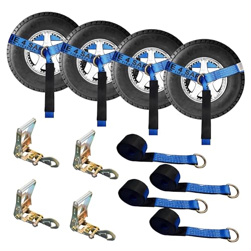 Image of Mega Cargo Control 4 Set 2 inch x 10' Wheel Lift D Ring Lasso Strap w / (4) 2 inch Ratchet, (4) Flat Snap Hook, (4) Lasso Winch Sleeve Protector - (Gift) | Ratchet Winch Tow Truck Hauling (Blue)