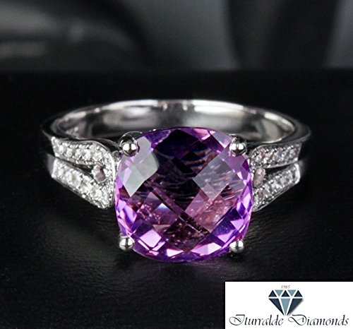 14k Modified Cushion Cut Amethyst Unique Curved Band Diamond Pave Engagement Ring
