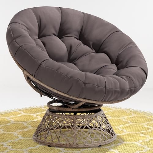 Image of Bme Ergonomic Wicker Papasan Chair with Soft Thick Density Fabric Cushion, High Capacity Steel Frame, 360 Degree Swivel for Living, Bedroom, Reading Room, Lounge, Smoky Quartz - Brown Base