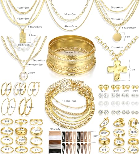 Image of FAXHION 68 Pcs Gold Jewelry Set for Women with 7 Necklace, 17 Bracelet, 5 Hoop Earrings, 15 Stud Earrings, 24 Knuckle Rings for Women Jewelry Set for Women Gift