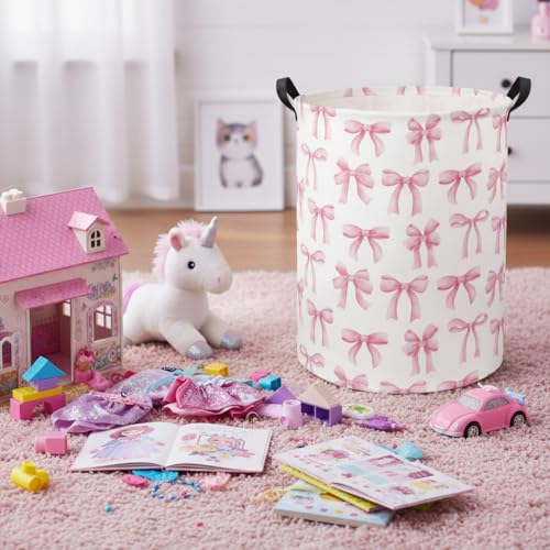 Image of Baby Laundry Basket Kids Hamper Toy Storage Bin for Boys Room Decor Baby Nursery Hamper Gift Baskets for Bedroom Bathroom(Bowknot)