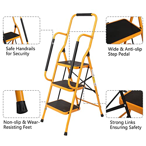 Image of 3 Step Ladder with Handrails Folding Step Stool with Anti-Slip Wide Pedal, Ladders for Home Kitchen Pantry Office, 330 lb Sturdy Steel Ladder for Adults Portable, Yellow