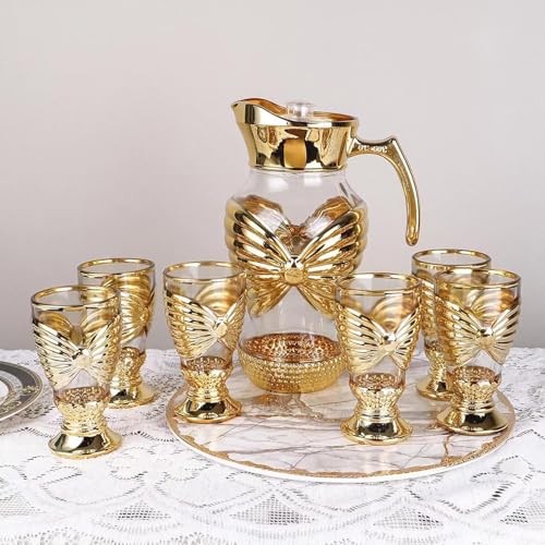 Image of Crystal Golden Water and Juice Glasses Set of 6 and Jug 1 piece Transparent, Glass and Jug Set for Dining Table,Party,Gift Set,All pourpse use Set of 1 (7 piece) (MT-5)