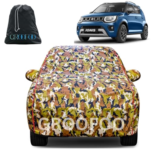 Image of GROOFOO Waterproof Car Body Cover with Mirror Pockets Compatible with Maruti Suzuki ignis | Triple Stitch Blue Piping Car Cover UV & Dust Proof All-Weather Protection, Adjustable Buckle (Army and Red)