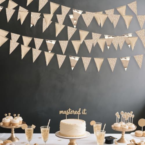 Image of 30Ft Champagne Gold Party Decorations Triangle Pennant Banner Gold Hanging Paper Flag Bunting for Graduation Wedding Birthday Bridal Shower Bachelorette Engagement Anniversary Hen Party Supplies