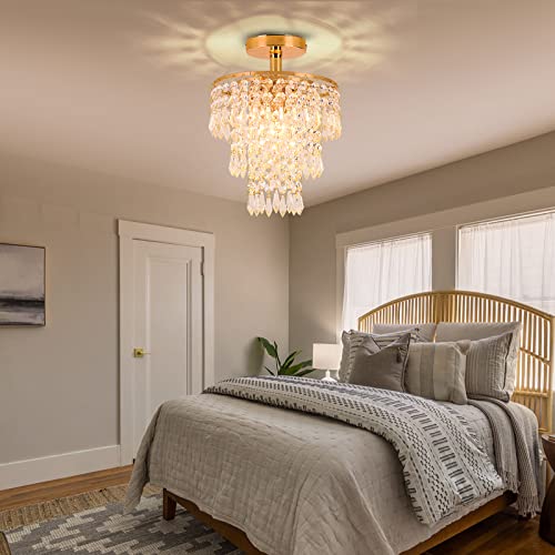 FRIXCHUR Small Crystal Chandelier Light Fixture 7.9" Flush Mount Ceiling Light Gold Crystal Chandeliers for Hallway Kitchen Foyer Bedroom Dining Room - Image 3
