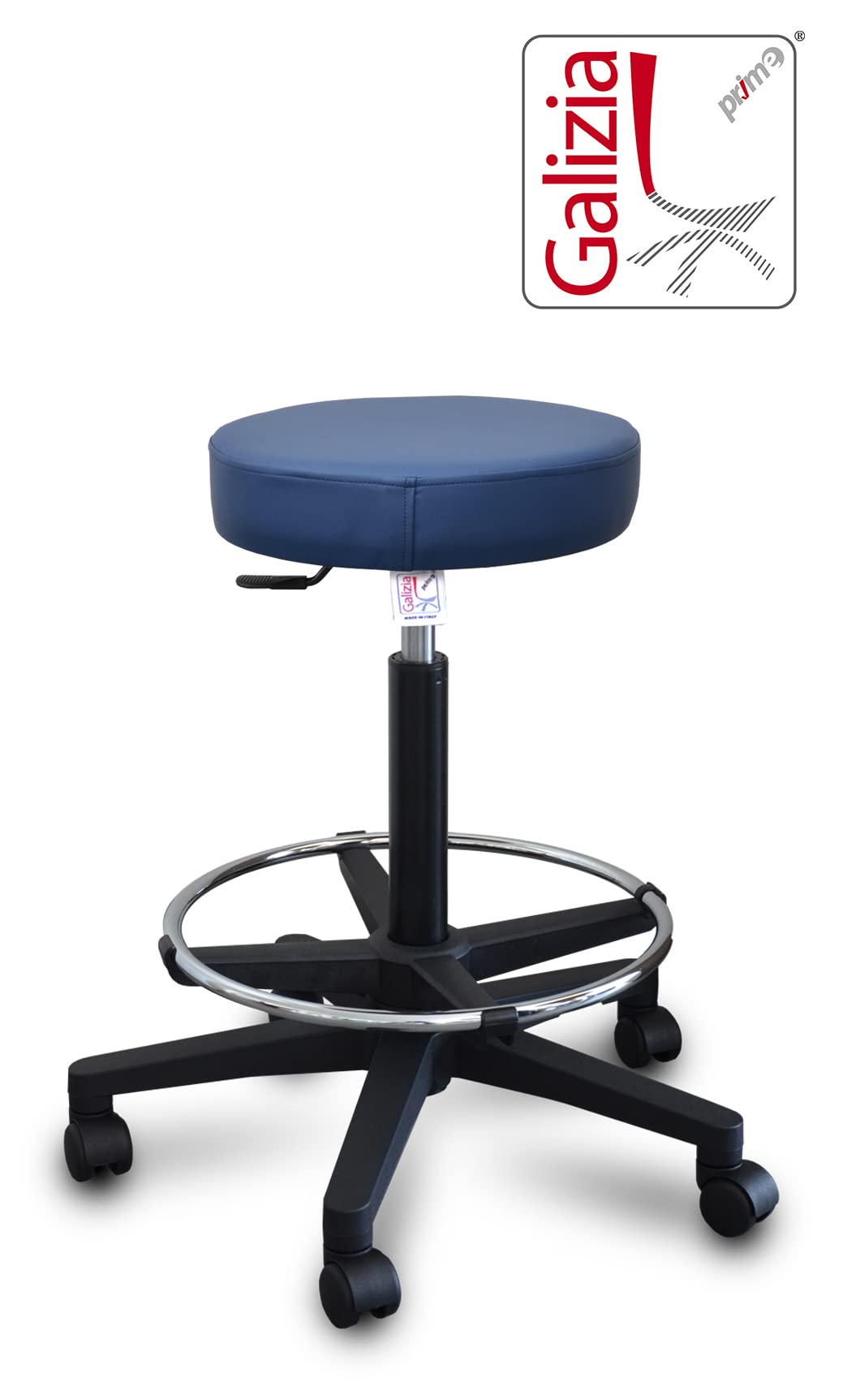 GALIZIA PRIME Sgabello da Lavoro con poggiapiedi Girevole per Salone estetico, bar, per ambulatorio Medico Dentista, con rotelle o Piedini, Rotazione Libera di 360°, 7 cm di Imbottitura (BLU)