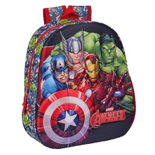 Safta AVENGERS - Mochila Escolar, con Diseño 3D, Adaptable a Carro, Ideal para Niños de Diferentes Edades, Cómoda y Versátil, Calidad y Resistencia, 27x10x33 cm, Color Negro/Rojo