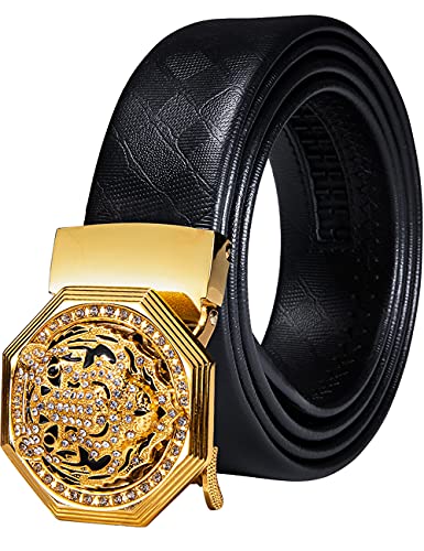 YOHOWA Mens Gold Lion Belt Novelty Leather Strap Automatic Ratchet Buckle Cool Design Belt Black Jeans Gift Tiger Replica