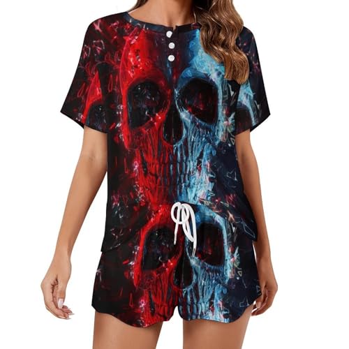 Pyjama court femme crâne rouge en coton léger pour l'été