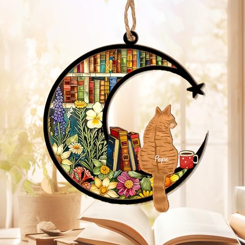 Thunala Personalized Cat Memorial Suncatcher – Custom Cat Book Suncatcher with Name & Breed, Memorial Keepsake for Cat Lovers, Home Décor Gift for Nerds, Librarians & Readers