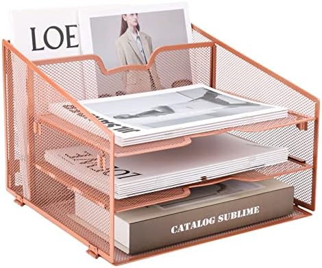 Rose Gold Desk Accessories Organizer, Meshist Desktop File Organzier with 3 Letter Trays and 1 Upright Section, Paper Organizer for Home and Office