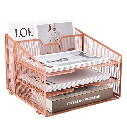 Rose Gold Desk Accessories Organizer, Meshist Desktop File Organzier With 3 Letter Trays And 1 Upright Section, Paper Organizer For Home And Office #TOP2