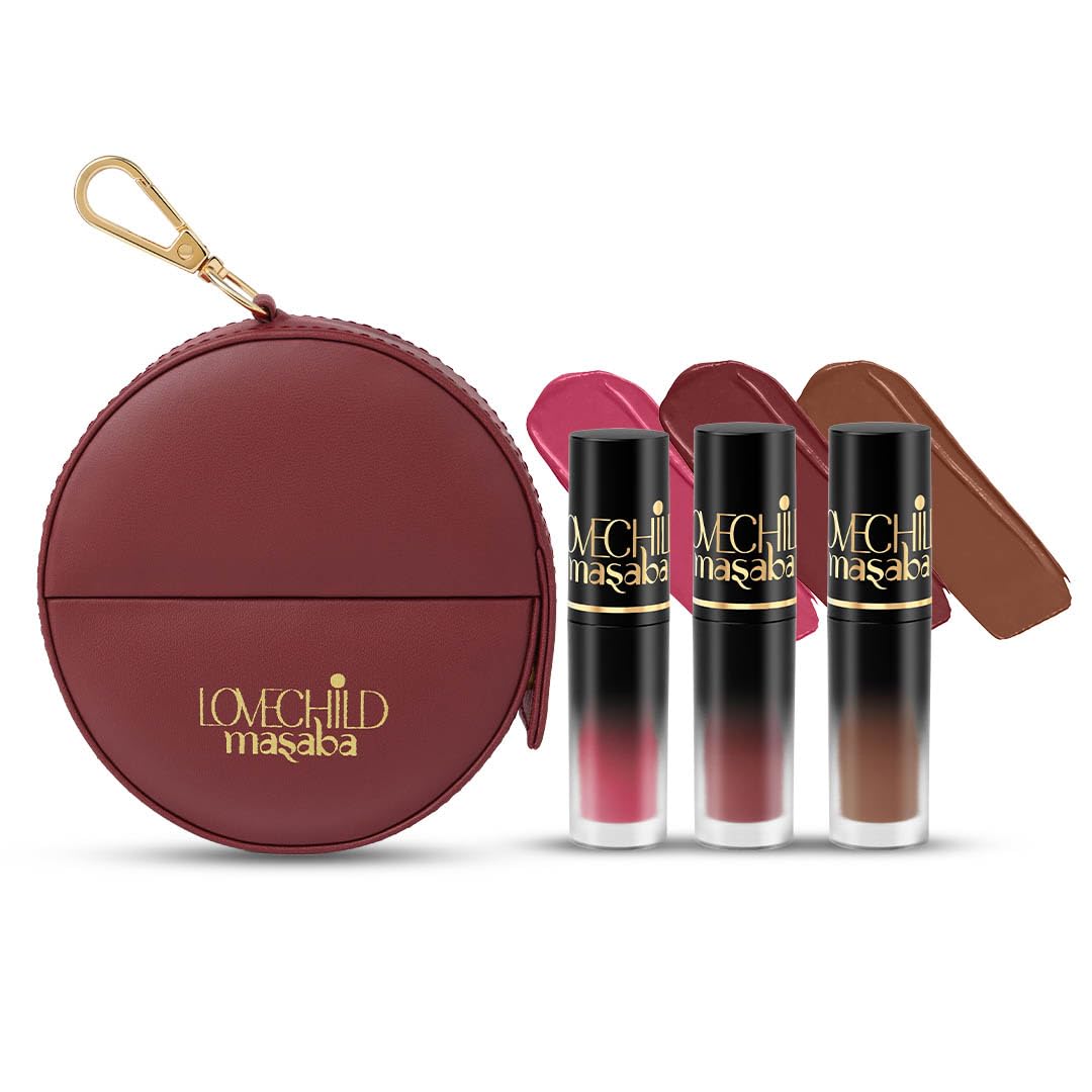 LoveChild Masaba Pocket Liquid Lipstick, Pack of 3 Transfer-Proof, Hydrating Matte Shades with Free Pouch, Hyaluronic Acid, Jojoba Oil & Vitamin E for Long-Lasting, Nourished Lips, Combo 5, 5.4ml-image-4