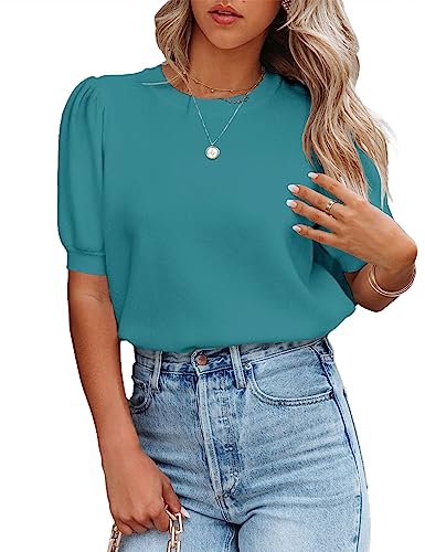 Image of Womens Puff Short Sleeve Sweater Tops Crewneck Basic Knit Pullover Lightweight Casual Sweaters
