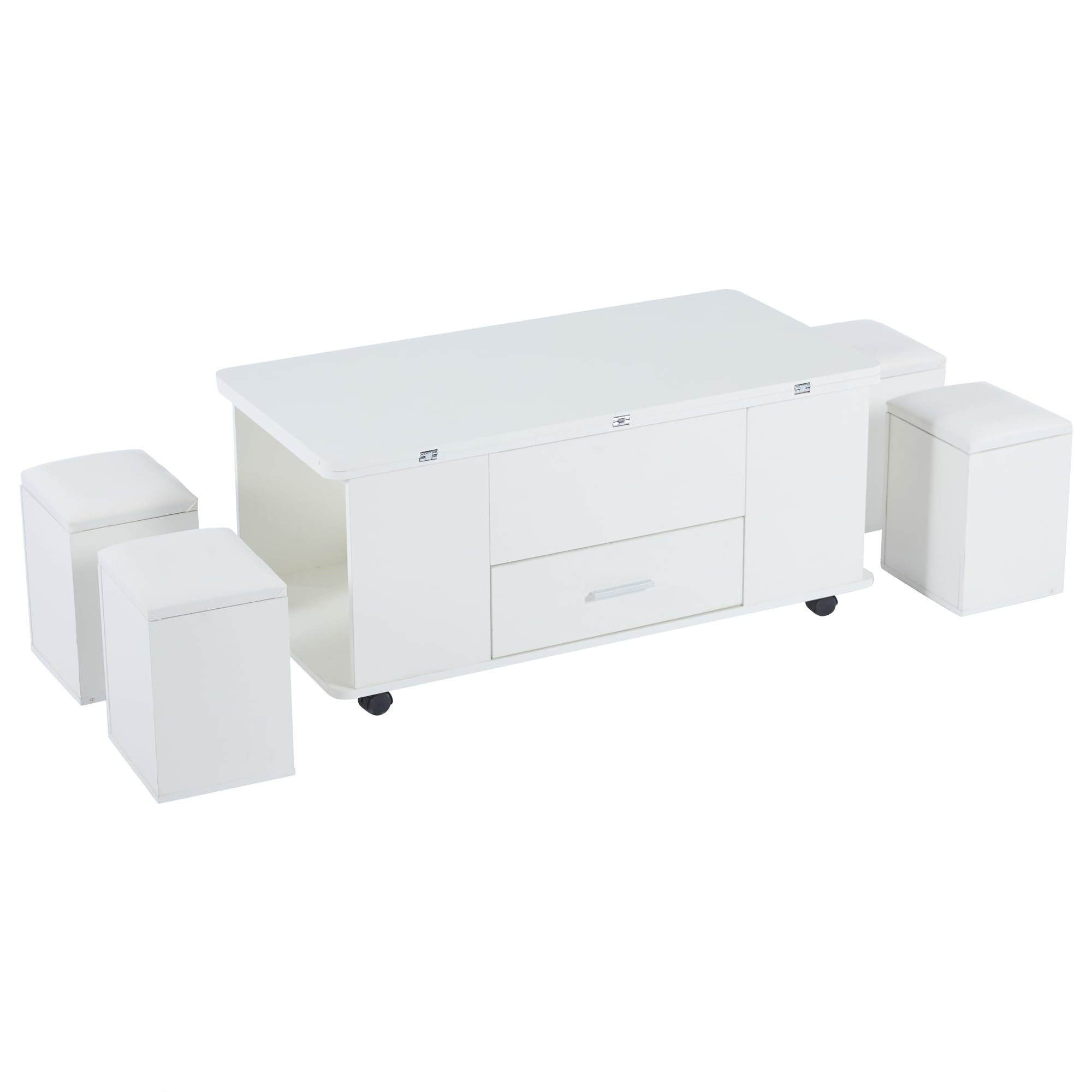 Mesa De Centro Regulable En Altura, Mesa De Sofá Móvil, Mesa De Centro Multifunción 4 En 1, Convertible En Mesa De Salón Comedor, Con Cajones, Con 4 Taburetes, Color Blanco