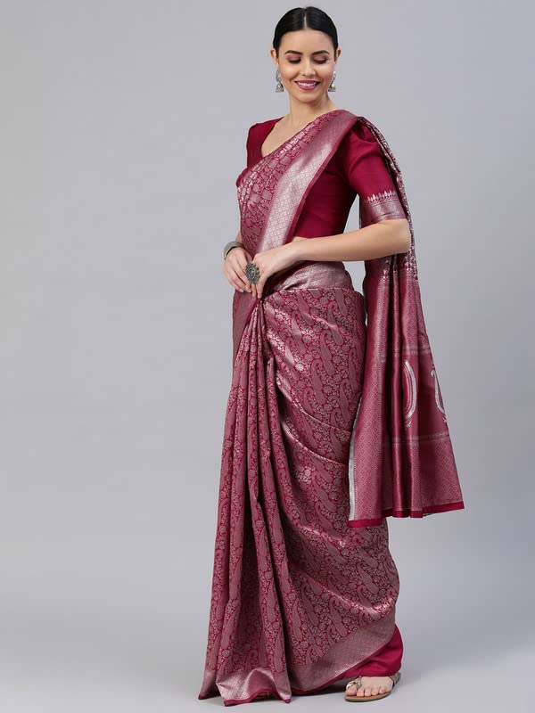 Satrani Women's Poly Silk Banarasi Saree With Unstitched Blouse Piece(2557S4033N_Cherry Red & Silver)