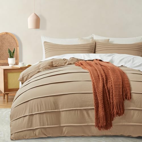Oli Anderson Funda de edredón color caqui, tamaño King, funda de edredón plisada, juego de ropa de cama de 3 piezas, suave y transpirable con textura con cierre de cremallera (caqui, 104 x 90 pulgadas