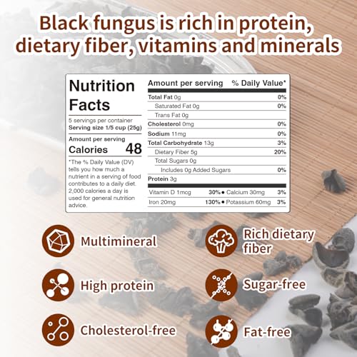 Image of MEIMIDUO 3.0 Oz /85g Dried Black Fungus Wood Ear Mushrooms - All Natural Vegan, Premium Dried Mushrooms For Cooking, Soup, Hot Pot - Resealable Sealable Plastic Can Packaging