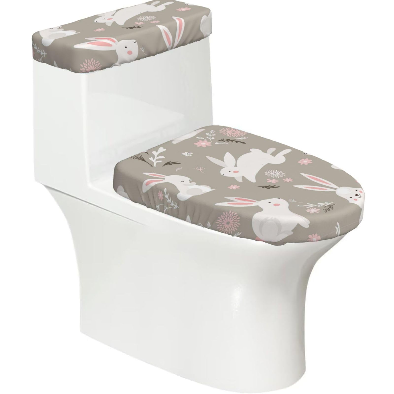 Easter Bunny Floral Printed Toilet Tank and Lid Cover Set of 2 for Most Bathrooms, Fits Elongated Round Toilets