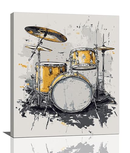 Olivine Music Wall Art, Drum Set Pictures Wall Decor, Black And Gold Painting, Jazz Canvas Prints, Framed Artwork for Music Studio Bathroom Bedroom Living Room Office Home Decoration 24"x20"