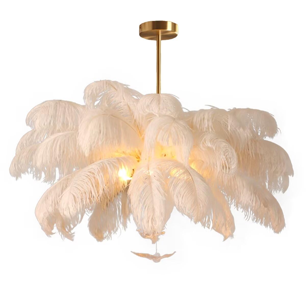 SYAXVOM Elegant White Ostrich Feather Pendant Light - Modern Ceiling Chandelier Stylish Lampshade for Bedroom & Living Room, Unique Lighting Fixture